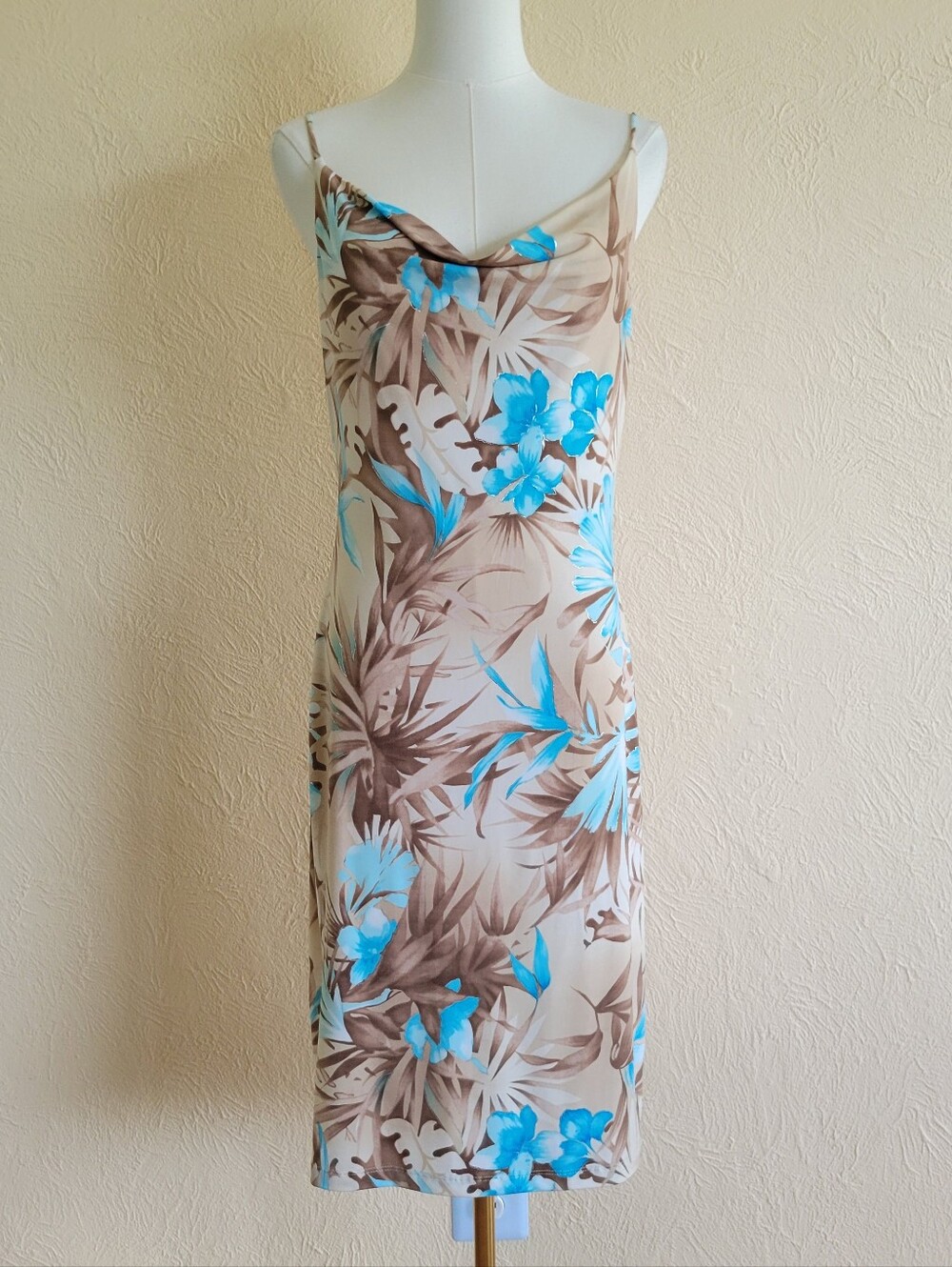 Beige & Blue Floral Cowl Neck Dress